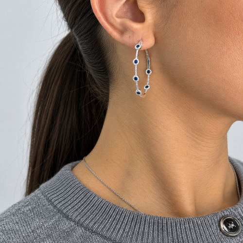 14K White Gold 0.75 Ct Sapphire & 0.64 Ct Diamond Oval Hoop Earrings