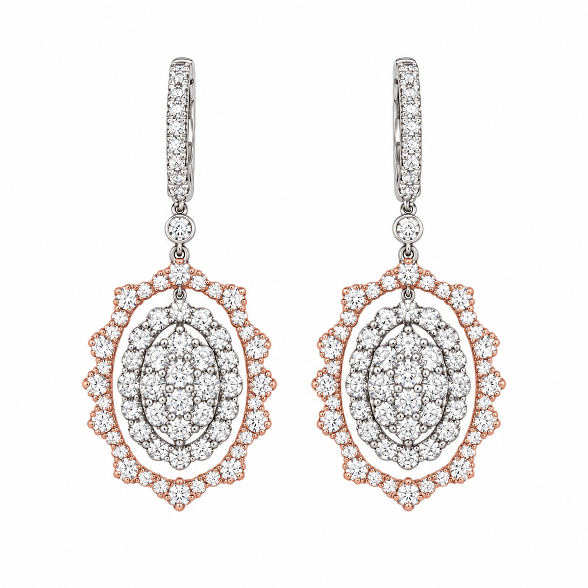 14K Two-Tone White & Rose Gold Diamond Earrings – 3.86 CT