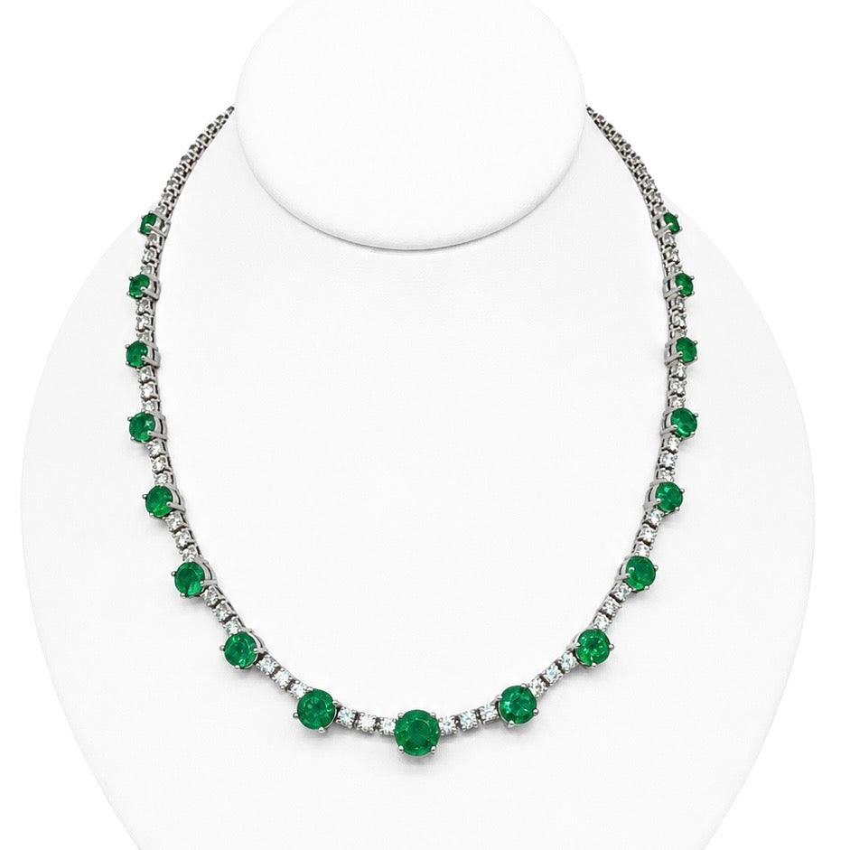 14K White Gold Round Emerald & Diamond Necklace – 14.32CT Emeralds & 10.00CT Diamonds CDN101 INJJJ