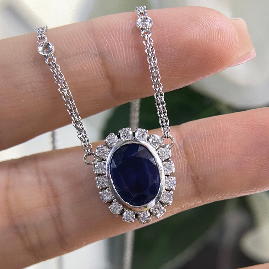 14K White Gold Sapphire & Diamond Necklace – 3.51CT Sapphire / 0.50CT Diamonds | SDN009
