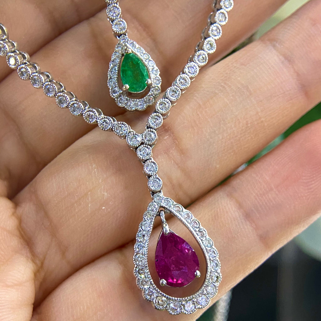18K White Gold Ruby, Emerald & Diamond Necklace – 1.50CT Ruby / 0.70CT Emerald / 2.95CT Diamonds | DC-N5297-2