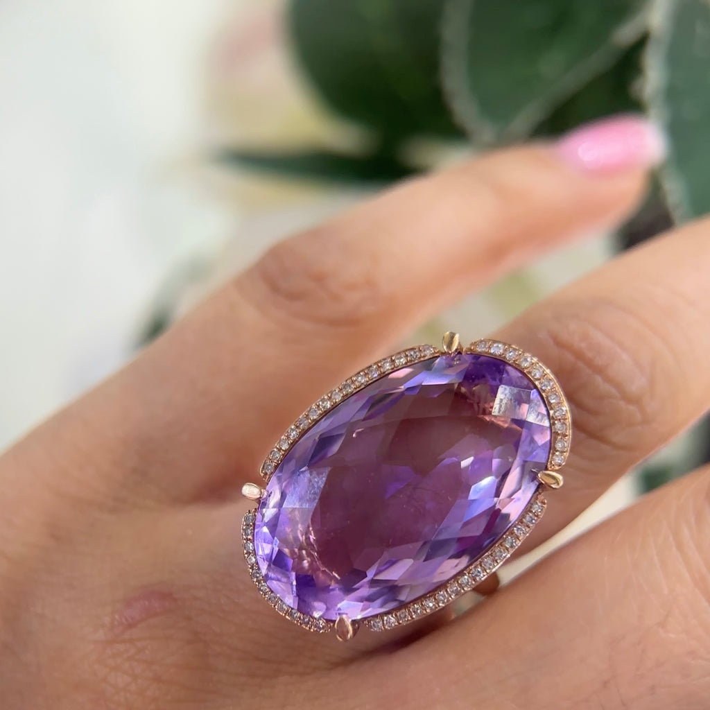14K Rose Gold Ring with 25.30CT Checker Cut Oval Amethyst & 0.19CT Diamonds COLR0046 ZTJ