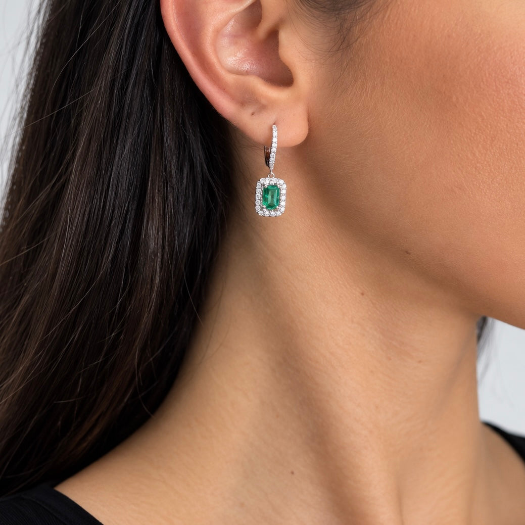 14K White Gold 1.00 Ct Emerald & 0.55 Ct Diamond Earrings
