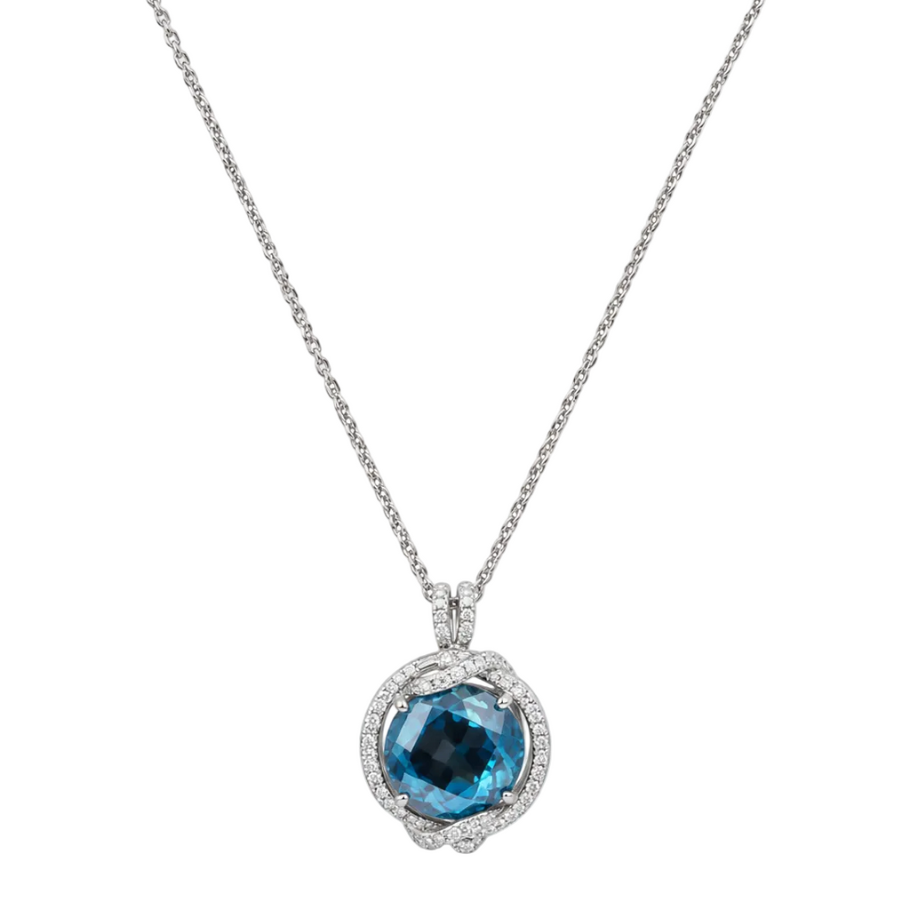 14K White Gold Pendant Necklace – 0.90 CT Diamonds & 11.92 CT Blue Topaz CDN011 STJ