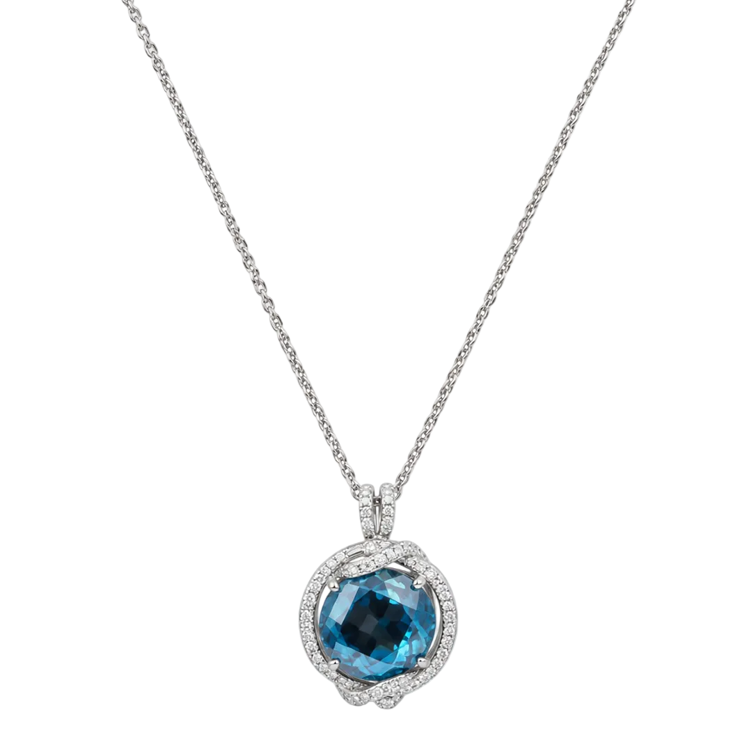14K White Gold Pendant Necklace – 0.90 CT Diamonds & 11.92 CT Blue Topaz CDN011 STJ
