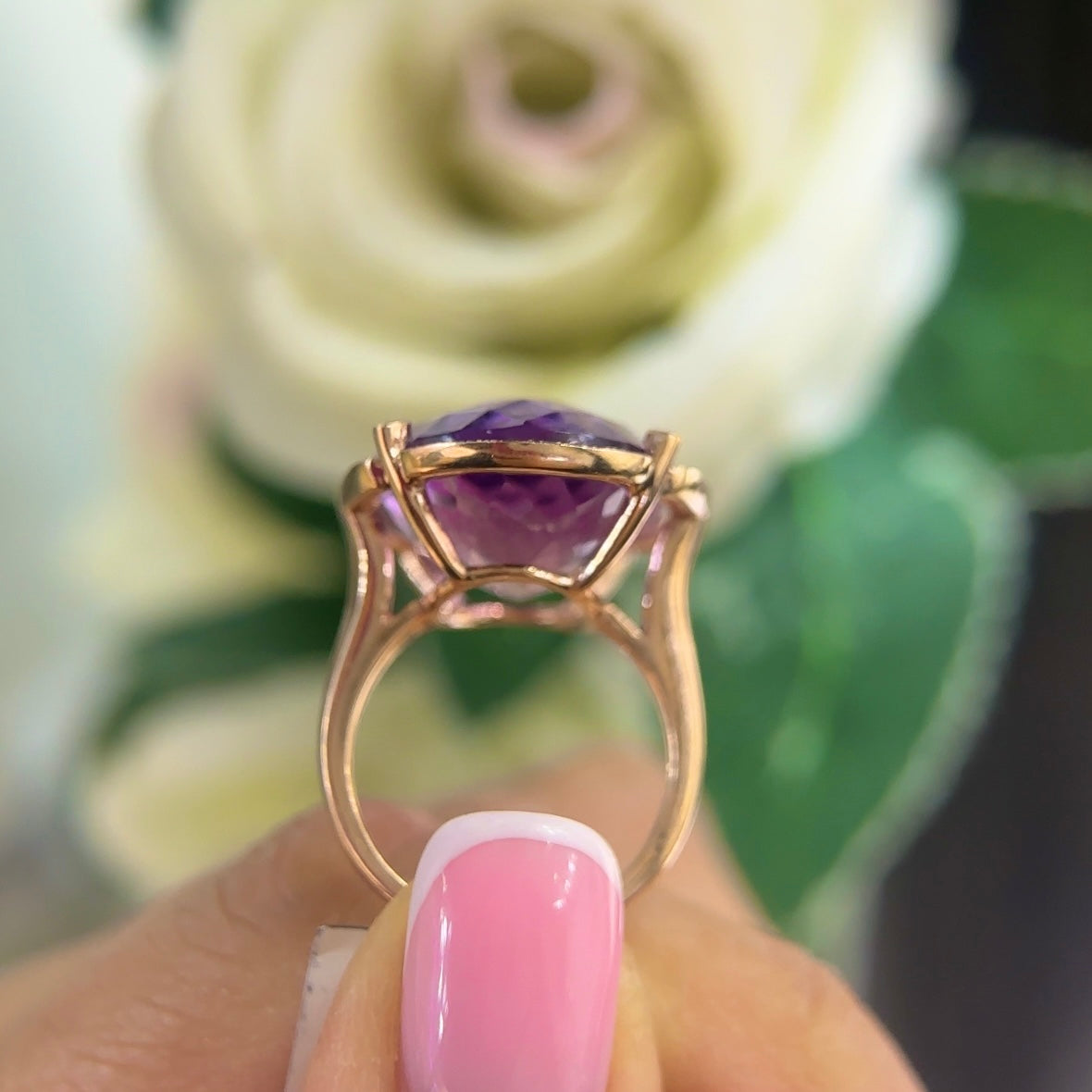 14K Rose Gold Ring with 25.30CT Checker Cut Oval Amethyst & 0.19CT Diamonds COLR0046 ZTJ