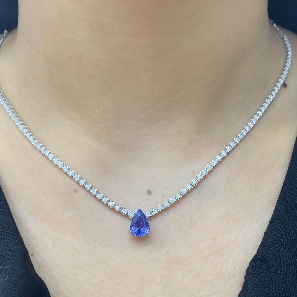 Diamond Tennis Necklace with Pear Shape Tanzanite COLN014