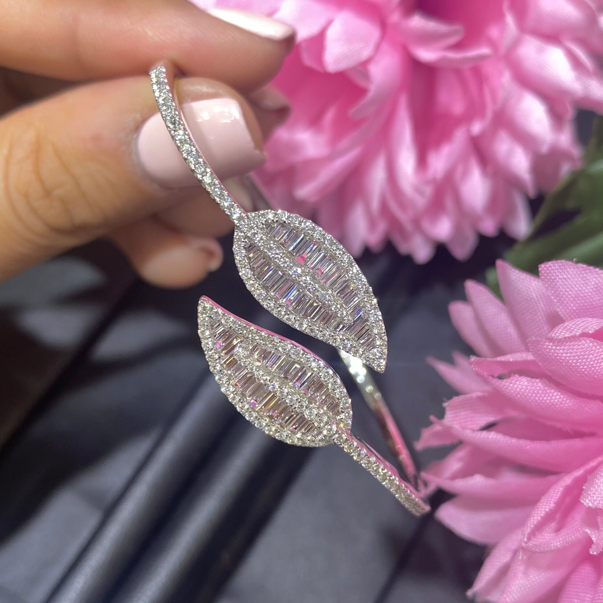 14K White Gold Bangle Bracelet with Baguette and Round Diamonds with the total of 1.61ct