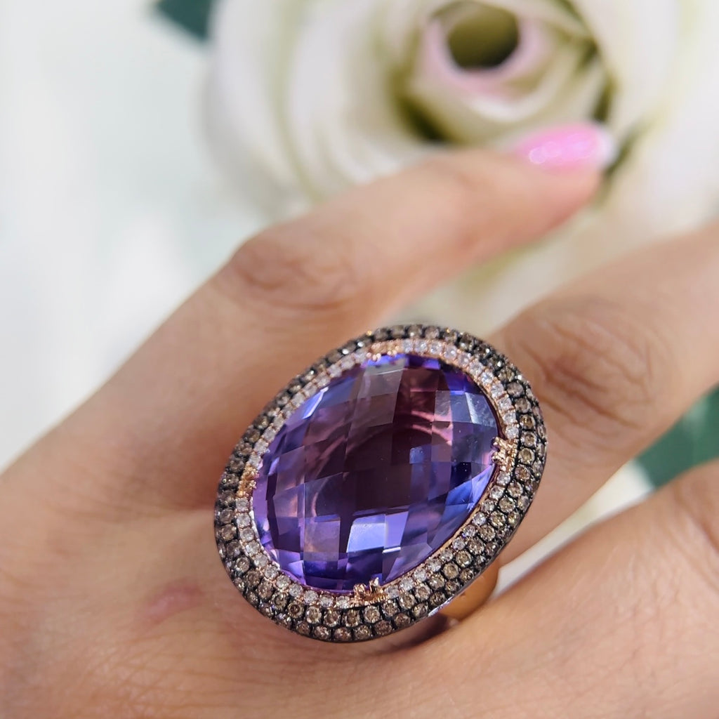 14K Rose Gold Ring with 24.36CT Oval Amethyst, 0.87CT Champagne Diamonds & 0.29CT White Diamonds | COLR014 IENJ