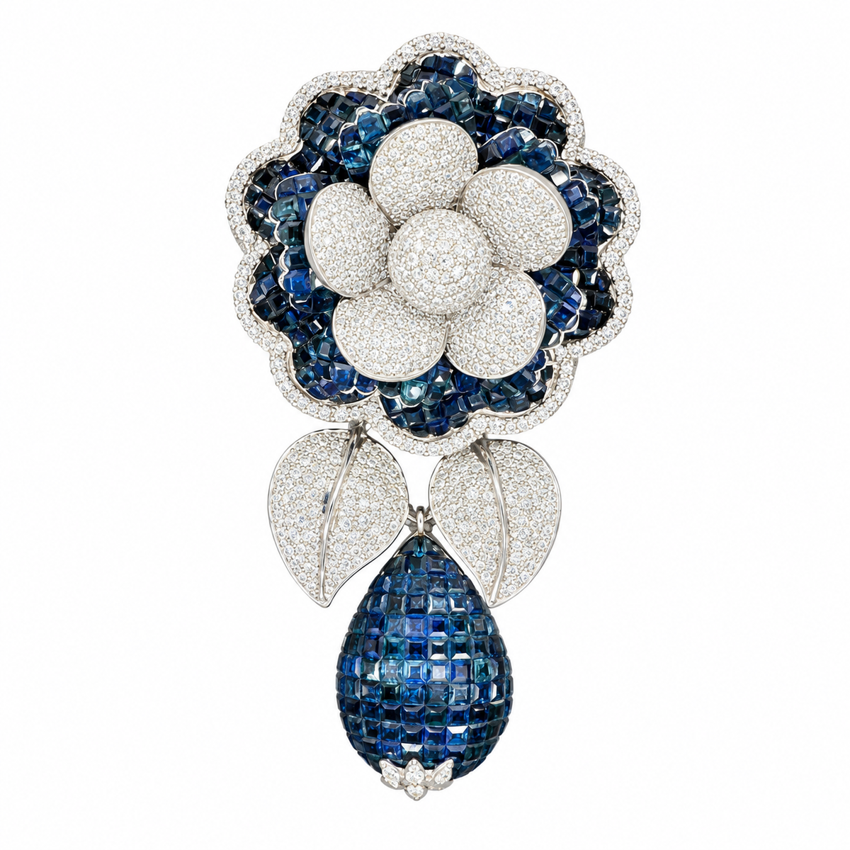 18K White Gold Diamond & Sapphire Floral Pin/Pendant – 8 CT Diamonds, 24 CT Sapphires