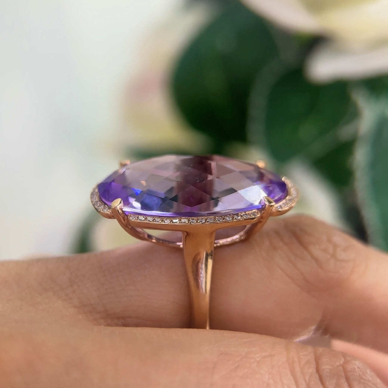 14K Rose Gold Ring with 25.30CT Checker Cut Oval Amethyst & 0.19CT Diamonds COLR0046 ZTJ