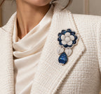 18K White Gold Diamond & Sapphire Floral Pin/Pendant – 8 CT Diamonds, 24 CT Sapphires