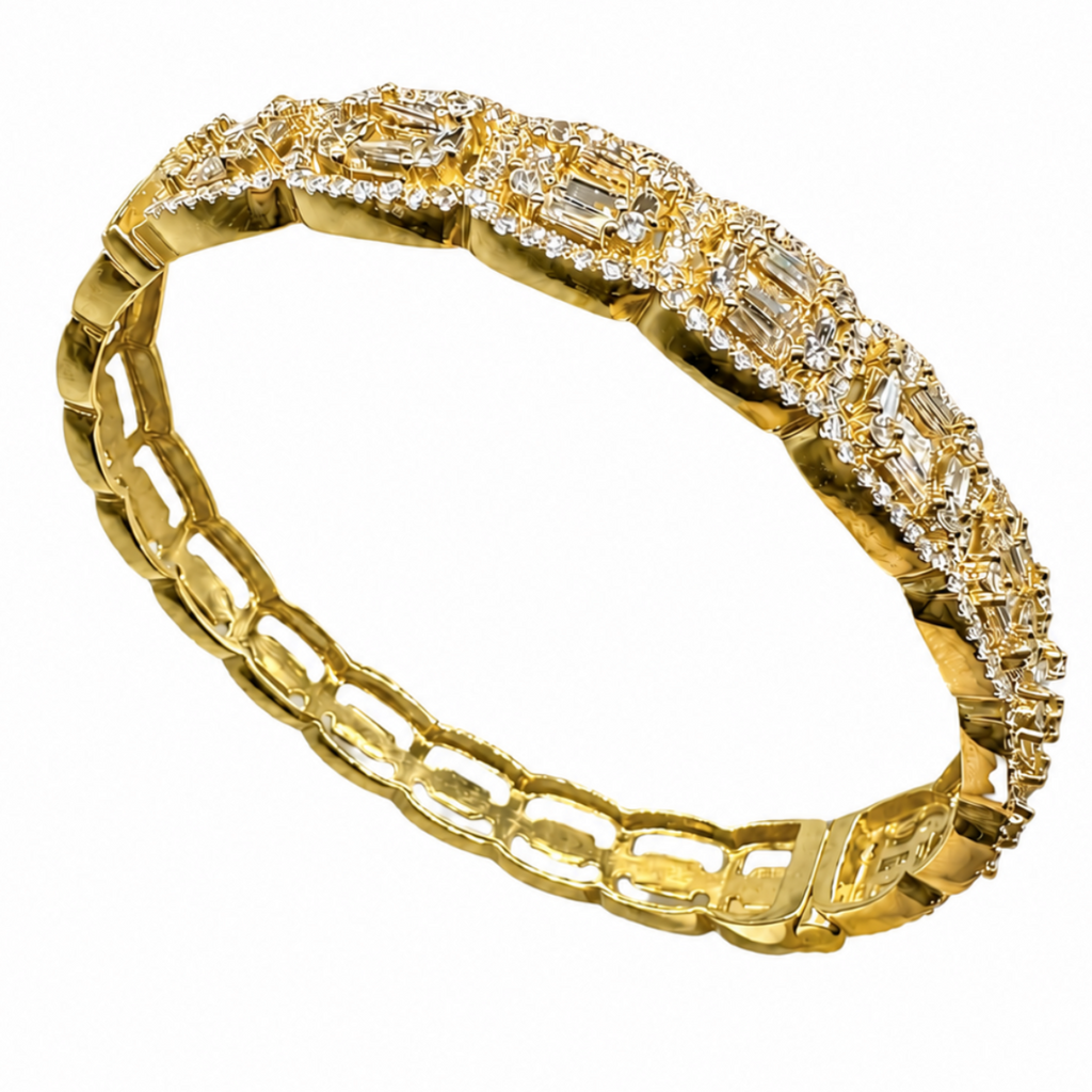 18K Yellow Gold Diamond Bangle Bracelet – 3.98CT Emerald & Round Cut Diamonds DB069 GEJJ