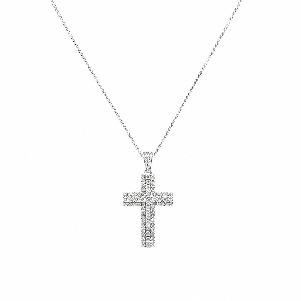 18K White Gold Round Diamond Cross Pendant Necklace – 1.60CT Diamonds IIJJ