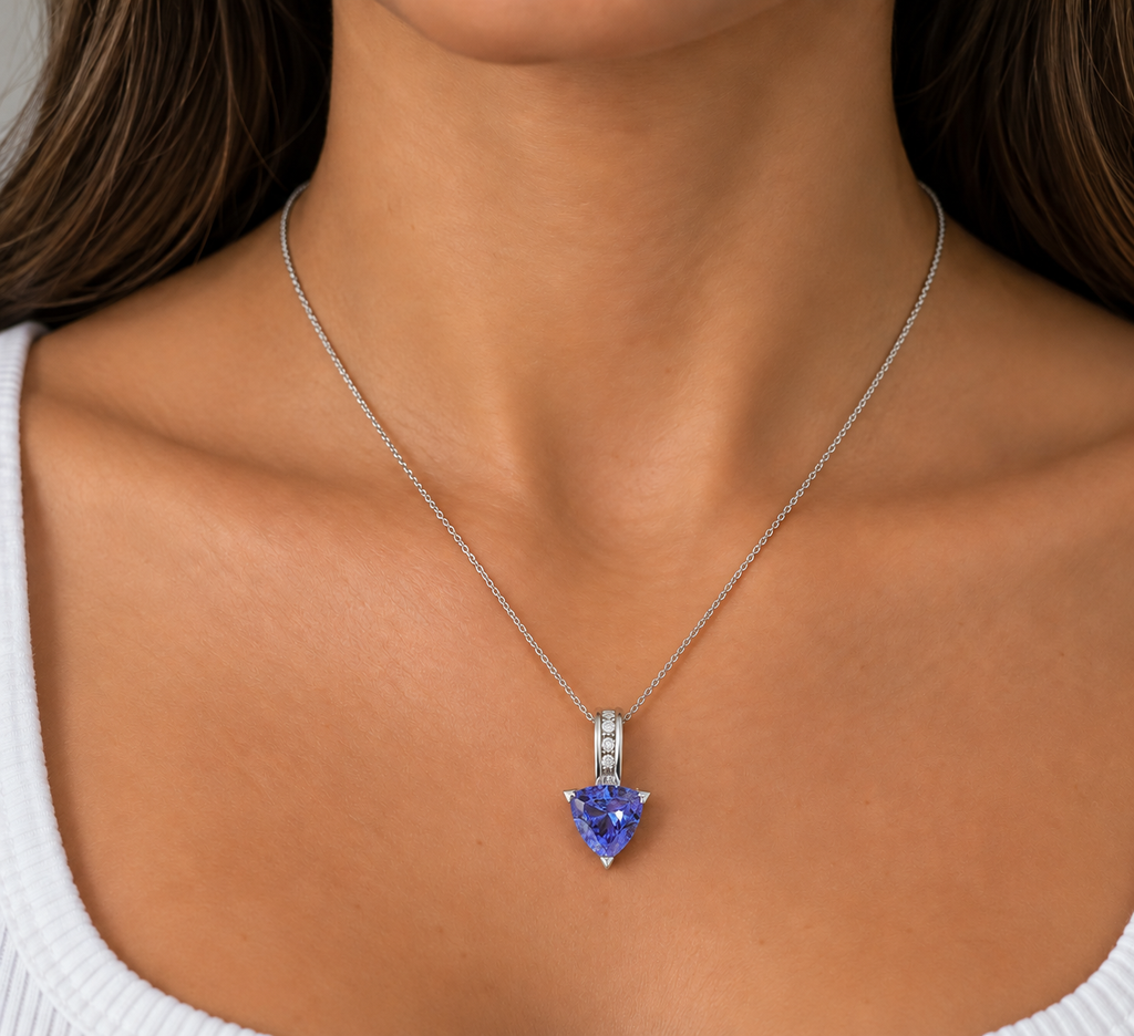 14K White Gold Pendant Necklace with 2.50ct Blue Tanzanite &amp; 0.11ct Diamonds – 16” Chain