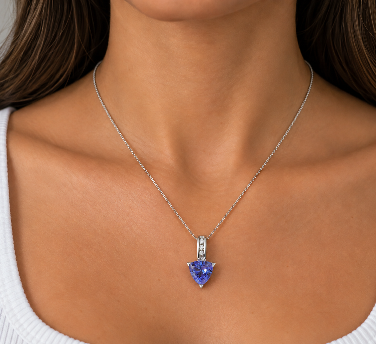14K White Gold Pendant Necklace with 2.50ct Blue Tanzanite &amp; 0.11ct Diamonds – 16” Chain