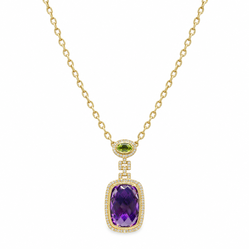 14K Yellow Gold Pendant Necklace with 0.31ct Diamonds, 0.48ct Peridot & 11.24ct Amethyst INST