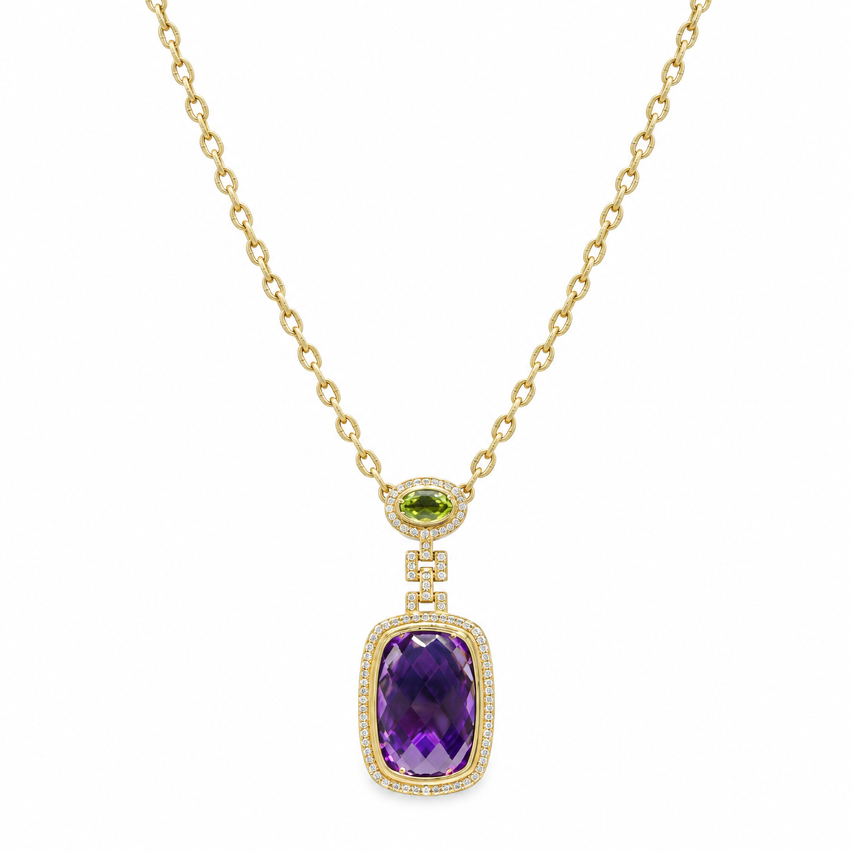 14K Yellow Gold Pendant Necklace with 0.31ct Diamonds, 0.48ct Peridot & 11.24ct Amethyst INST