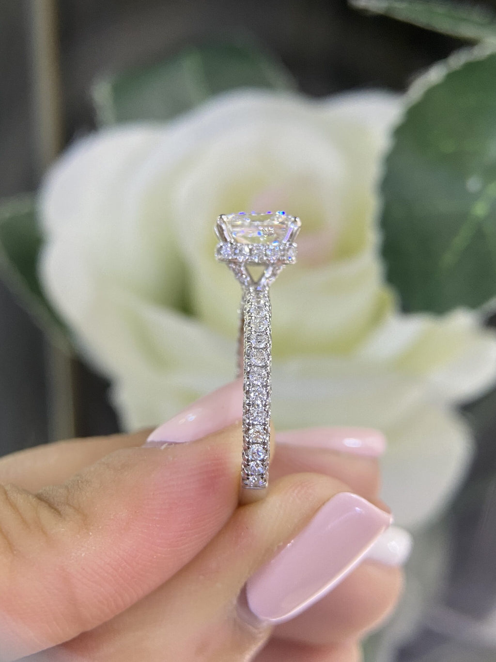 18K White Gold GIA Certified Radiant Cut Diamond Ring – 1.51CT Center / 1.10CT Side Diamonds E/VS2 | RADER008