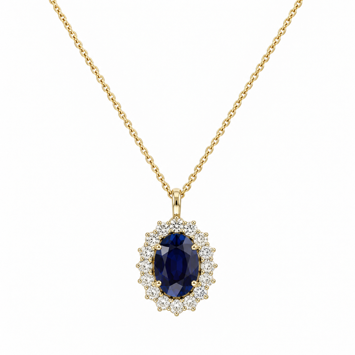 14K Yellow Gold 5.80 Ct Oval Lab Sapphire & 1.46 Ct Lab Diamond Pendant Necklace