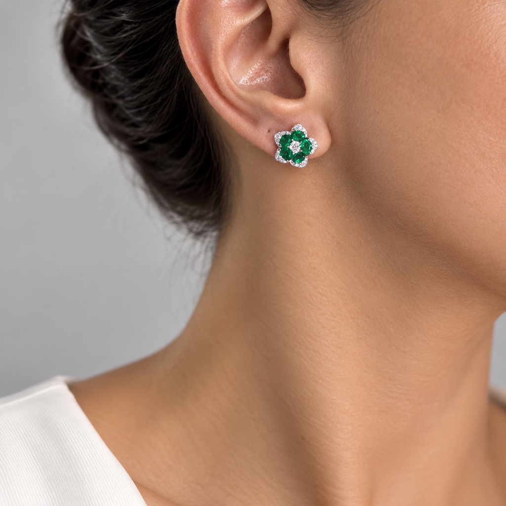 18KT White Gold Emerald & Diamond Earrings – EMER016 IGZN