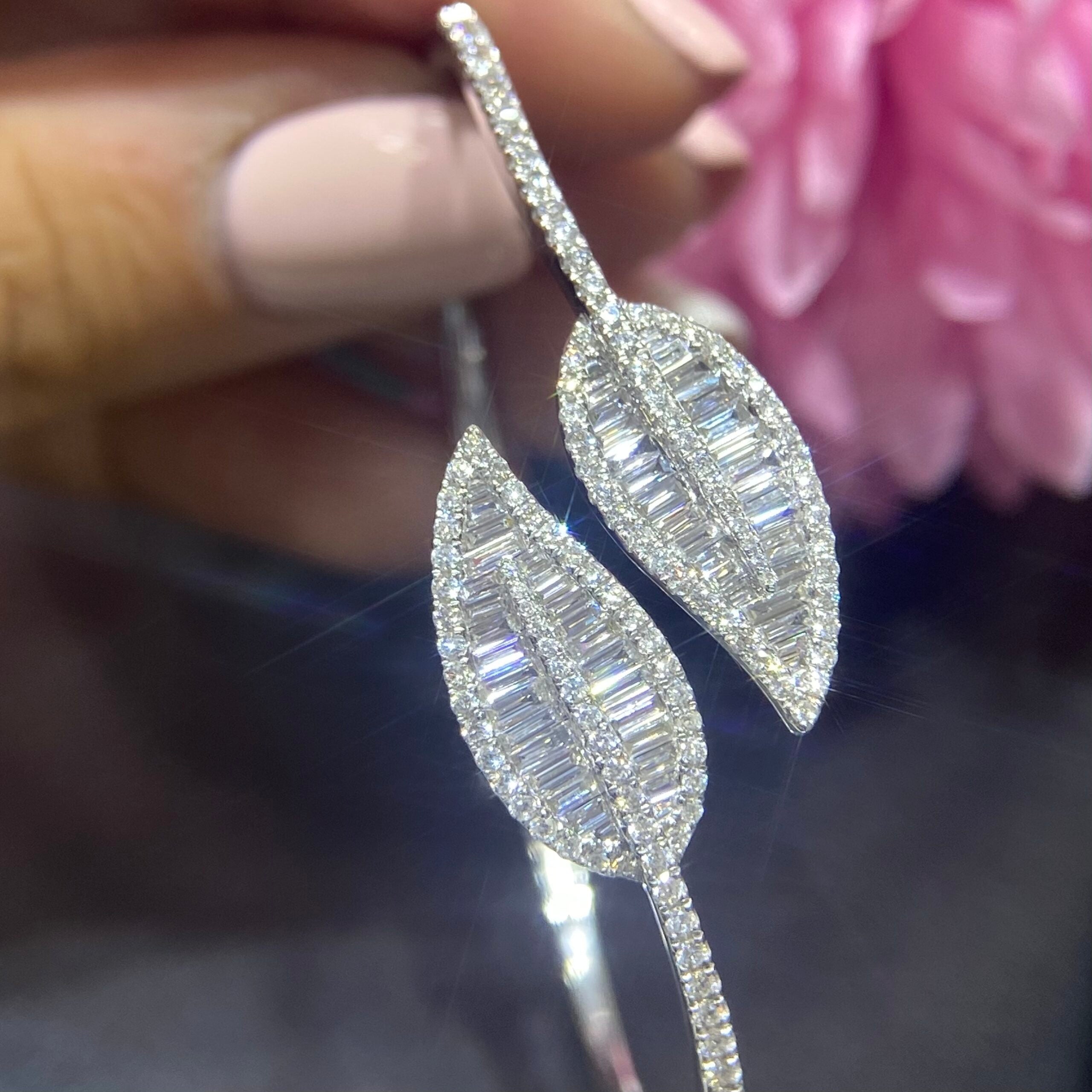 14K White Gold Bangle Bracelet with Baguette and Round Diamonds with the total of 1.61ct