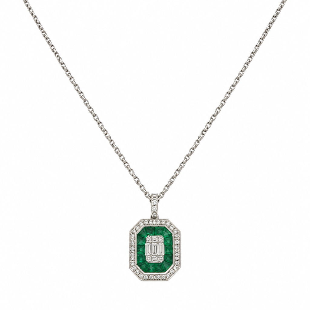 18KT White Gold Emerald & Diamond Necklace – EMDN031 INLN