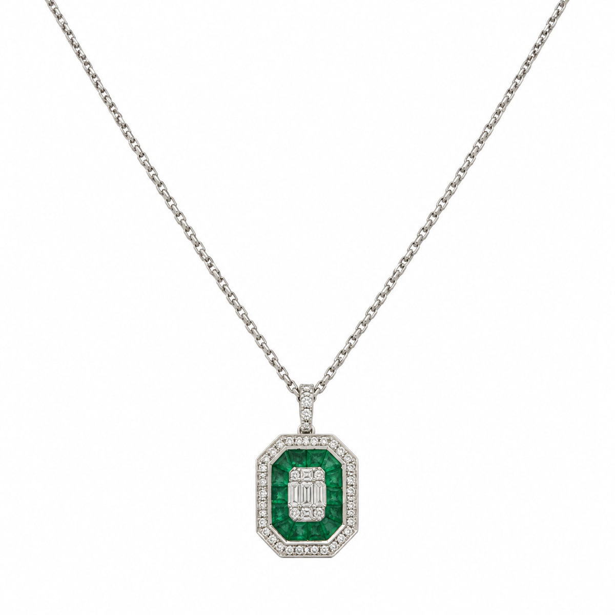 18KT White Gold Emerald & Diamond Necklace – EMDN031 INLN
