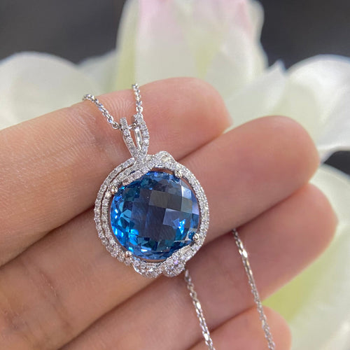 14K White Gold 11.92ct Blue Topaz 0.90ct in Diamonds Pendant CDN011 STJ