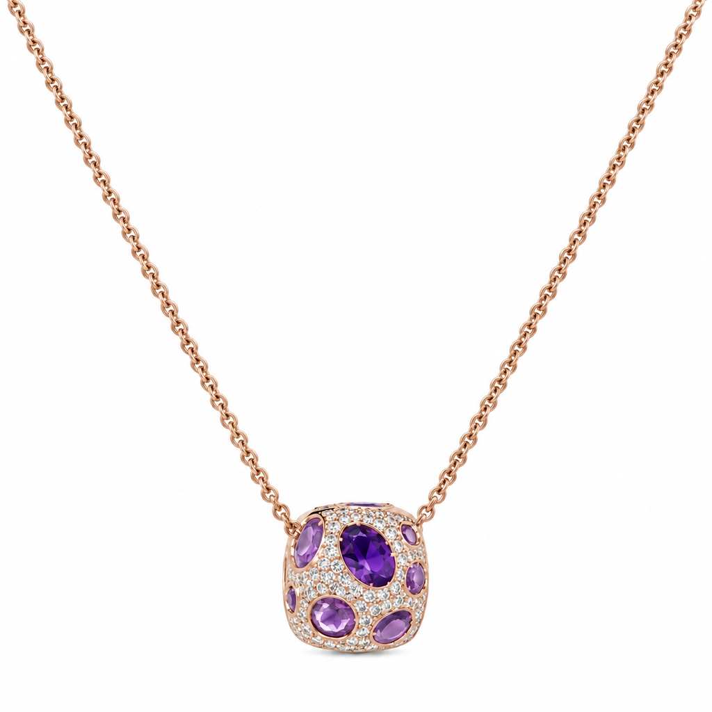 14K Rose Gold 0.28CT Amethyst & 0.26CT Diamond Pendant Necklace – 15.75” W8386