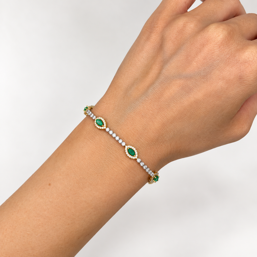 18K White & Yellow Gold 1.30 CT Diamond & 0.92 CT Emerald Station Bracelet – 7.5” CDB014 ITJJ