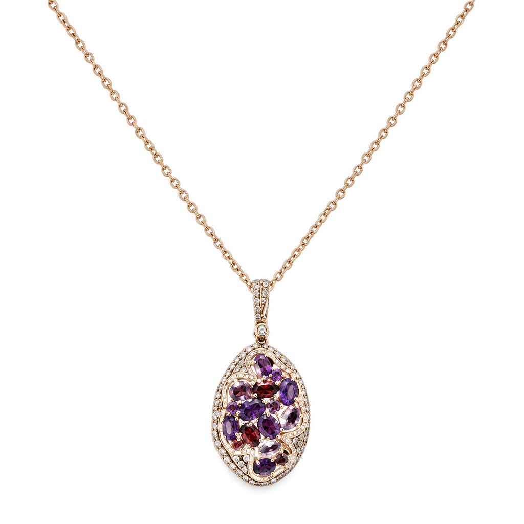 14K Rose Gold Pendant Necklace with 0.76ct Diamonds and 3.17ct Color Stones