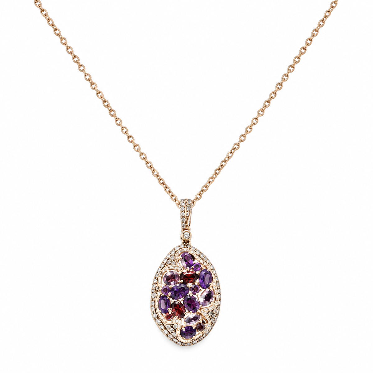 14K Rose Gold Pendant Necklace with 0.76ct Diamonds and 3.17ct Color Stones