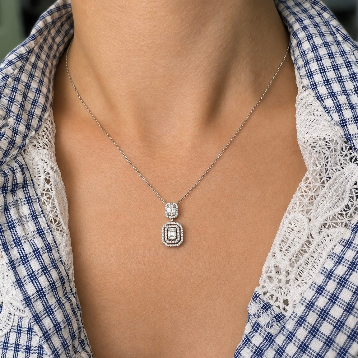 14K White Gold 0.31CT Diamond Pendant Necklace – Round & Baguette Diamonds DC-N14043-2