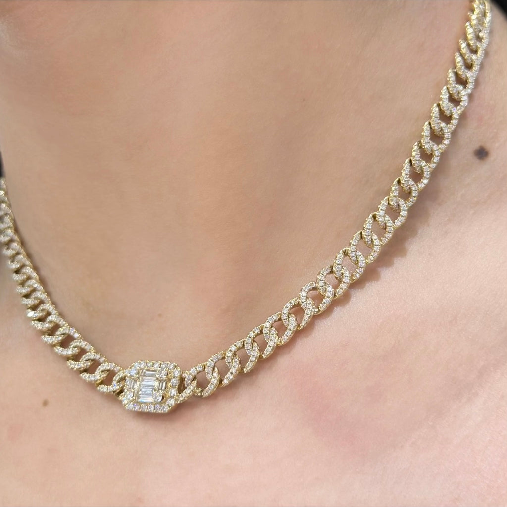 14K Yellow Gold Necklace Chain style with 2.69ct in rd diamonds and 0.43ct in baguettes. PJN497YG AZIJ