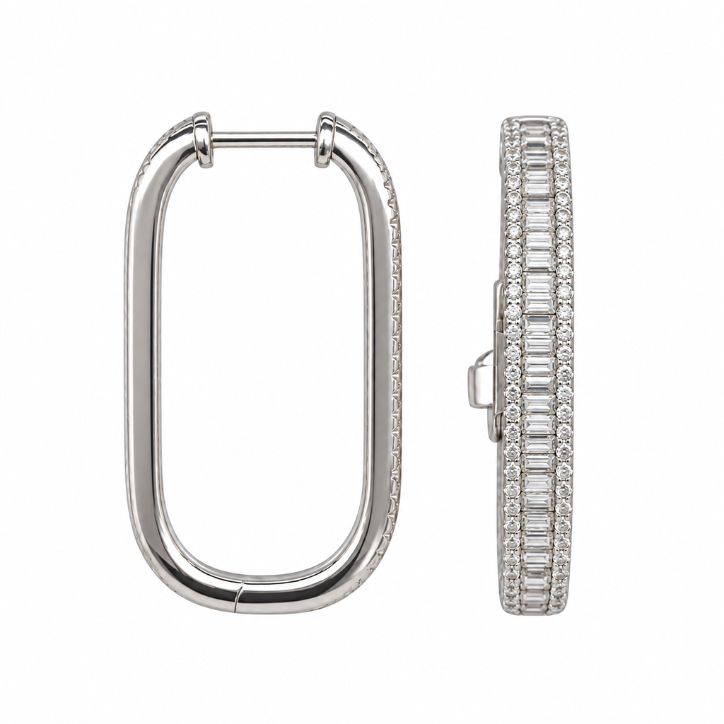 14K White Gold 1.00 Ct Diamond Baguette & Round Hoop Earrings