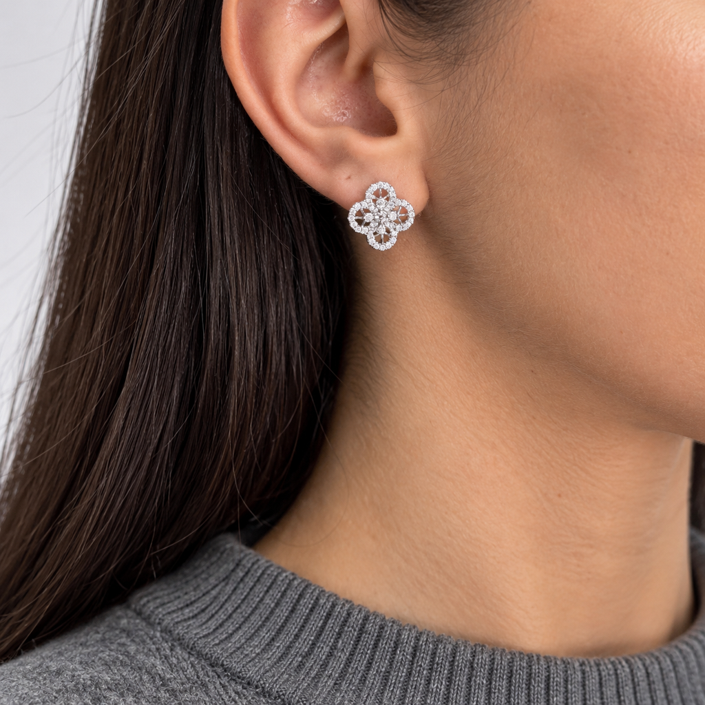 14K White Gold 0.89 Ct Diamond Floral Earrings