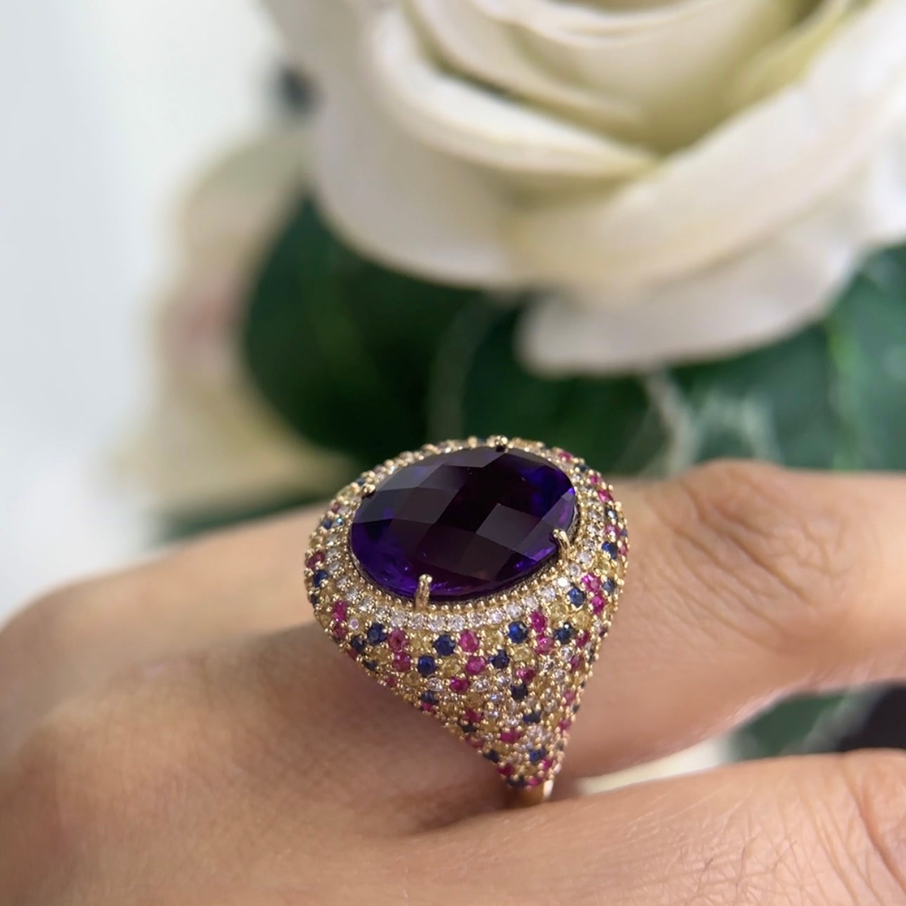 14K Yellow Gold Ring with 8.12CT Oval Amethyst, 2.65CT Multi-Color Sapphires & 0.71CT Diamonds