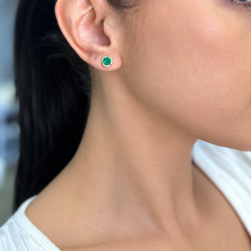 18K Yellow Gold Emerald & Diamond Halo Stud Earrings – 1.36 Ct Emeralds, 0.15 Ct Diamonds
