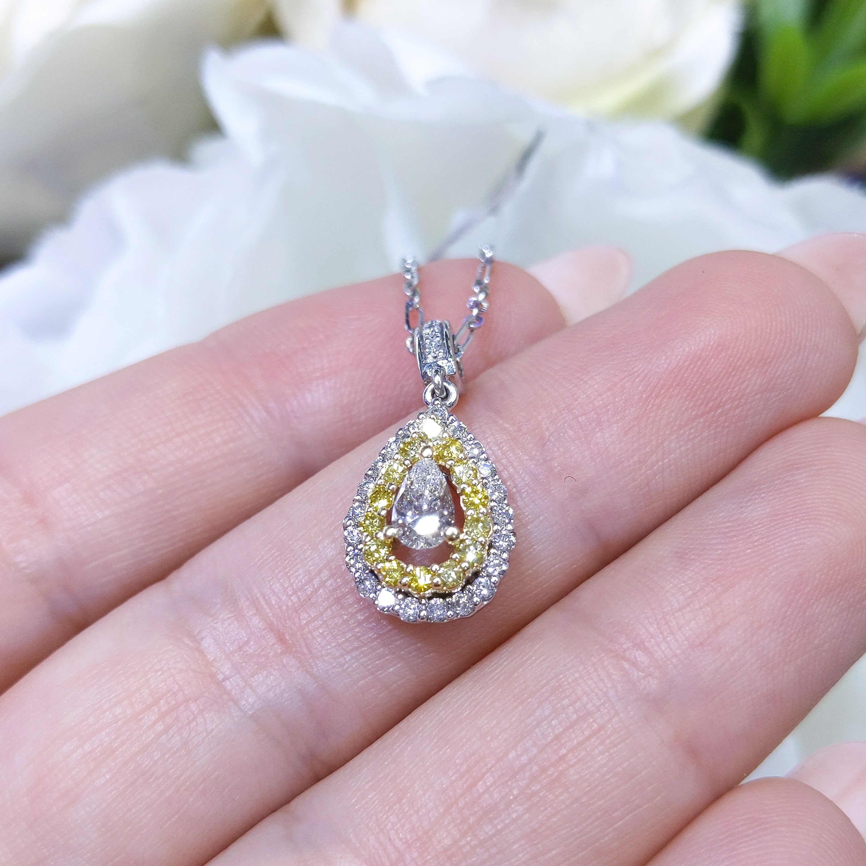Certified 0.31ct Pear Shaped Diamond Double Halo Pendant in 14K White & Yellow Gold DP015