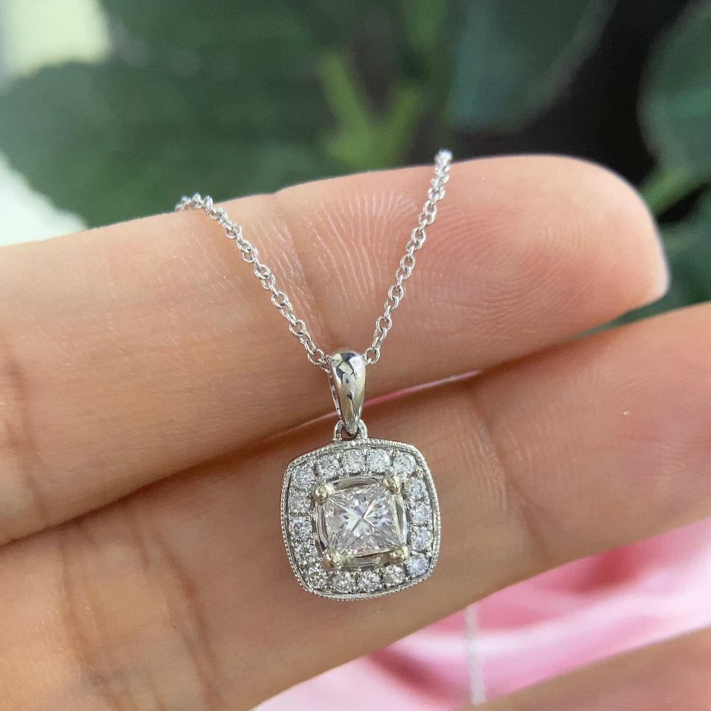 14K White Gold Princess Cut Diamond Pendant – 0.74CT Total Weight