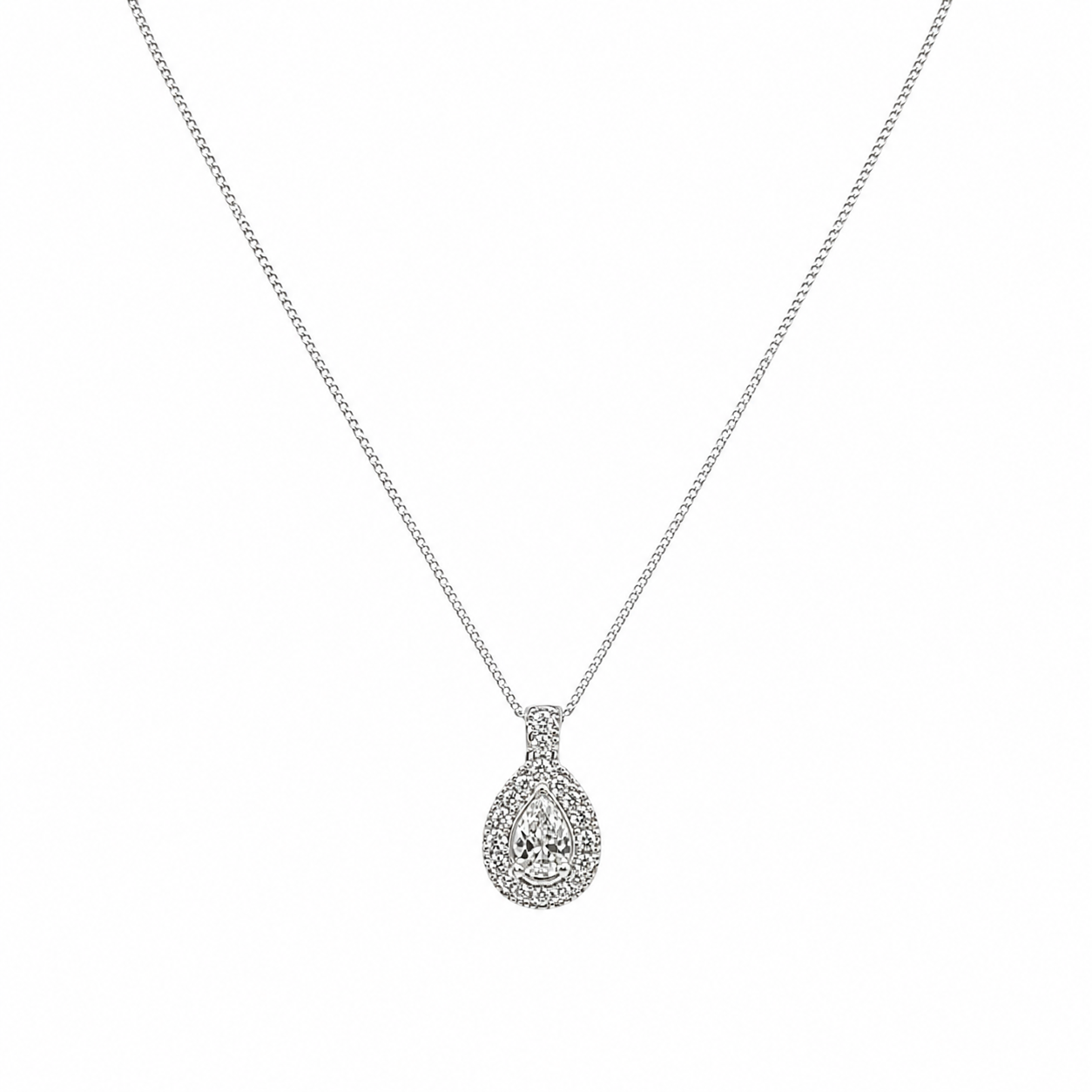 14K White Gold Pear & Round Diamond Pendant Necklace – 1.35CT GJJJ