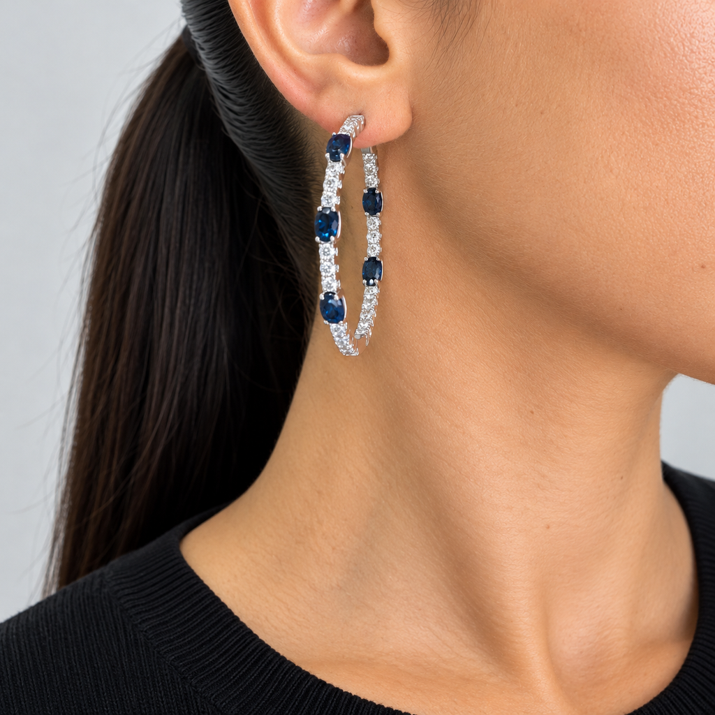14K White Gold Diamond & Blue Sapphire Hoop Earrings 3.98CT Diamonds, 5.23CT Sapphires