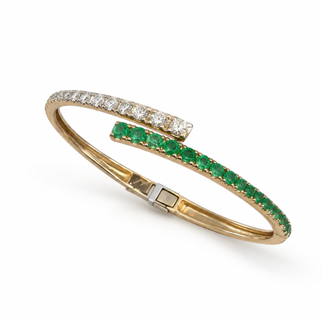 14Kt Yellow Gold Diamond Emerald Bangel bracelet with 1.46ct in Emeralds and 1.48ct rd diamonds GAZT