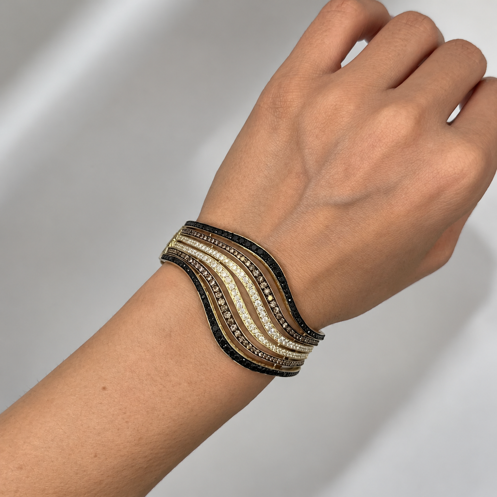 14K Yellow Gold 5.72 Ct Multi-Color Diamond Wave Cuff Bracelet