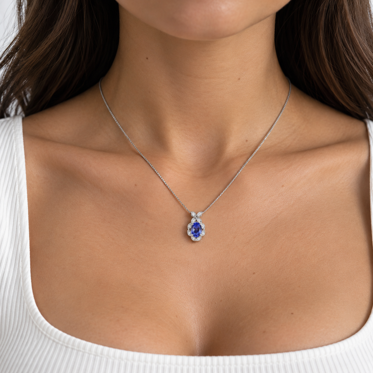 14K White Gold Pendant Necklace with 2.00ct Tanzanite & 0.20ct Diamonds – 16" LTJ
