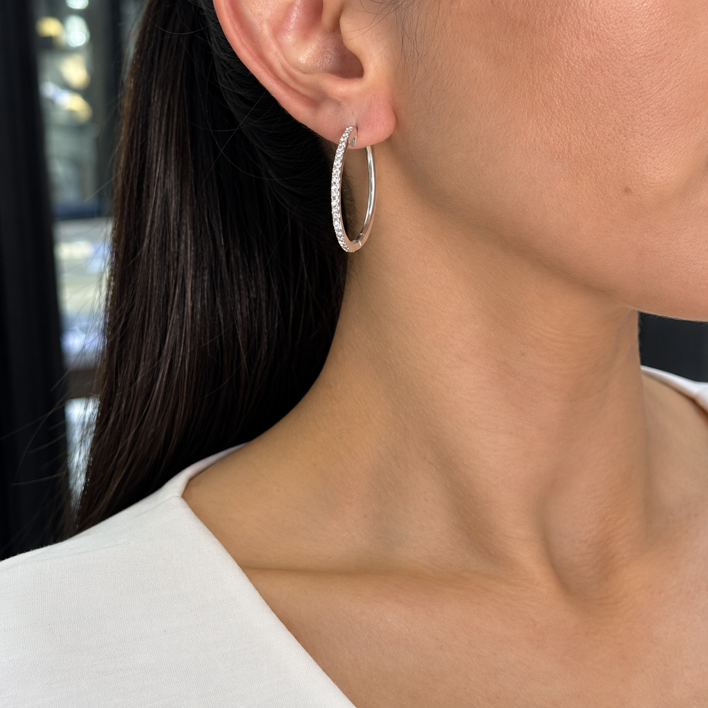 14K White Gold 1.00 CT Diamond Hoop Earrings