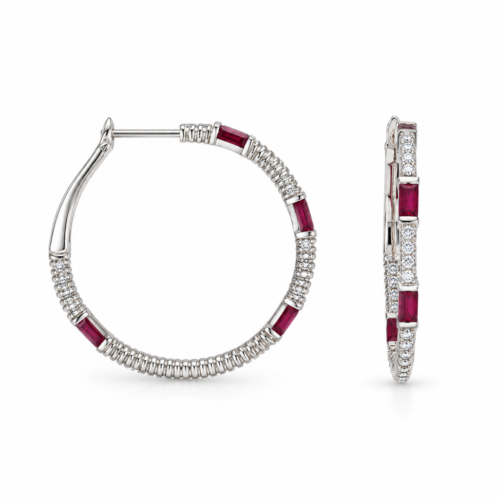 14K White Gold 0.95 Ct Ruby & 0.86 Ct Diamond Hoop Earrings