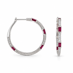 14K White Gold 0.95 Ct Ruby & 0.86 Ct Diamond Hoop Earrings