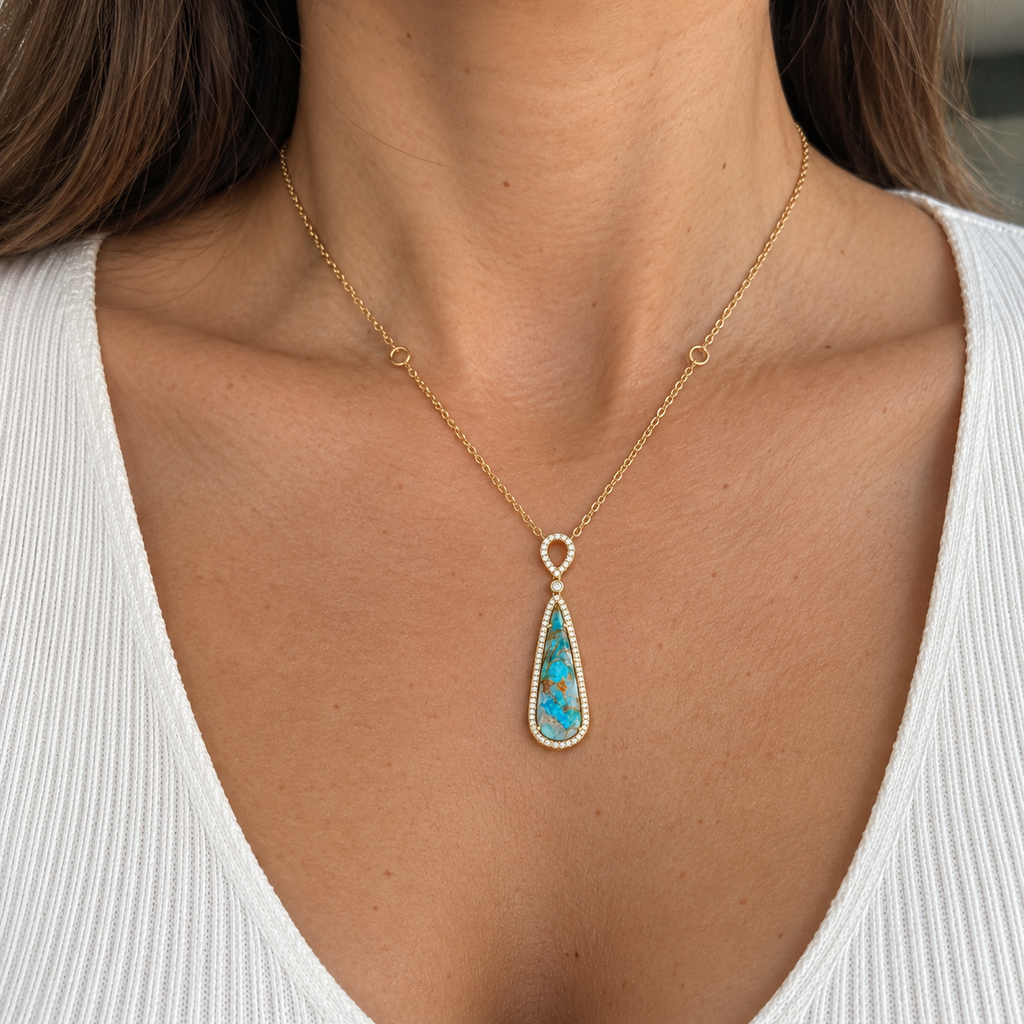 14K Yellow Gold Turquoise Pendant Necklace – 6.53ct Turquoise & 0.22ct Diamonds DC-N13082-8 2TJ